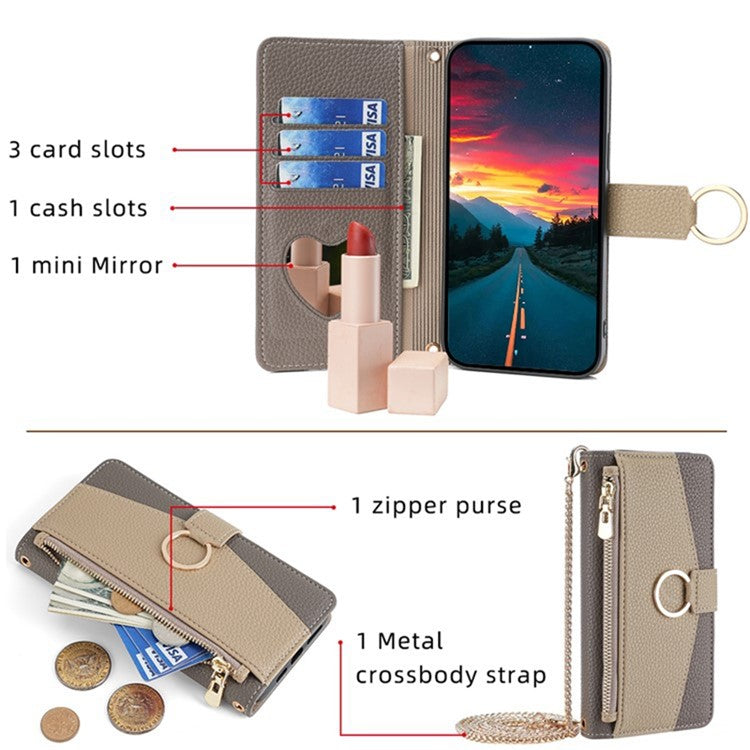 For OnePlus 10T 5G Case Zipper Wallet Mirror Leather Phone Bag Cover with Chain Strap - Grey
