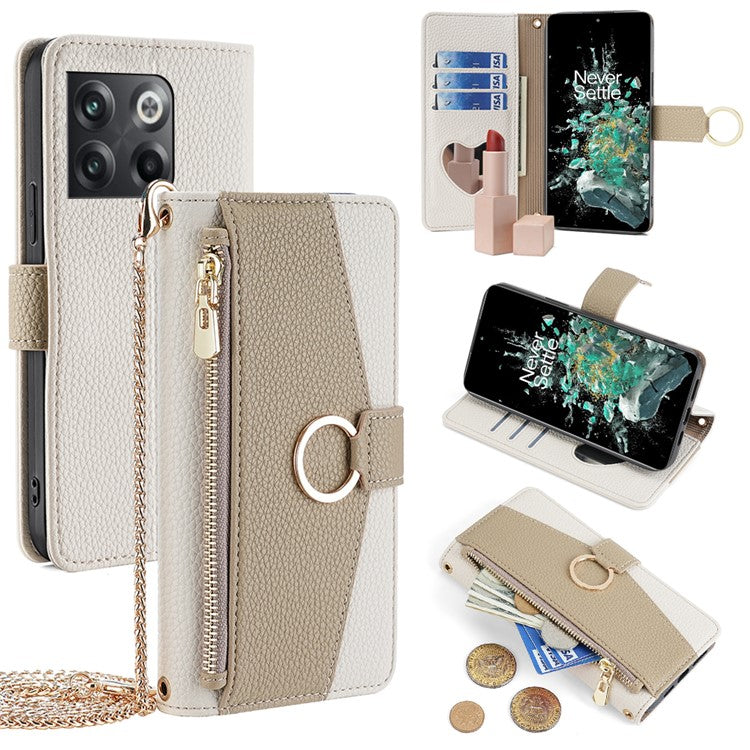 For OnePlus 10T 5G Case Zipper Wallet Mirror Leather Phone Bag Cover with Chain Strap - White
