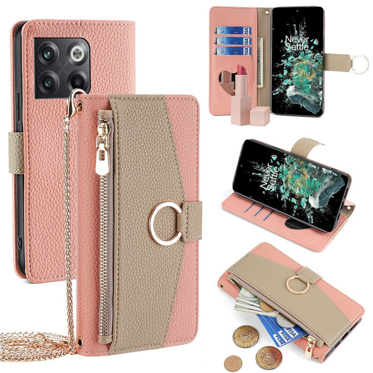 For OnePlus 10T 5G Case Zipper Wallet Mirror Leather Phone Bag Cover with Chain Strap - Pink