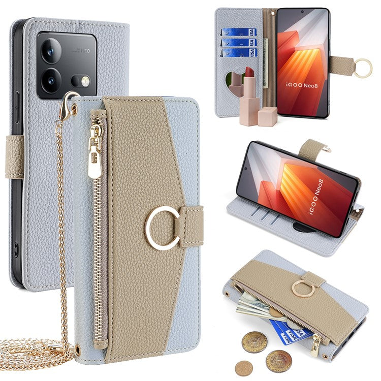 For vivo iQOO Neo8 5G / Neo8 Pro 5G Case Phone Bag PU Leather Wallet Stand Cover with Mirror - Blue
