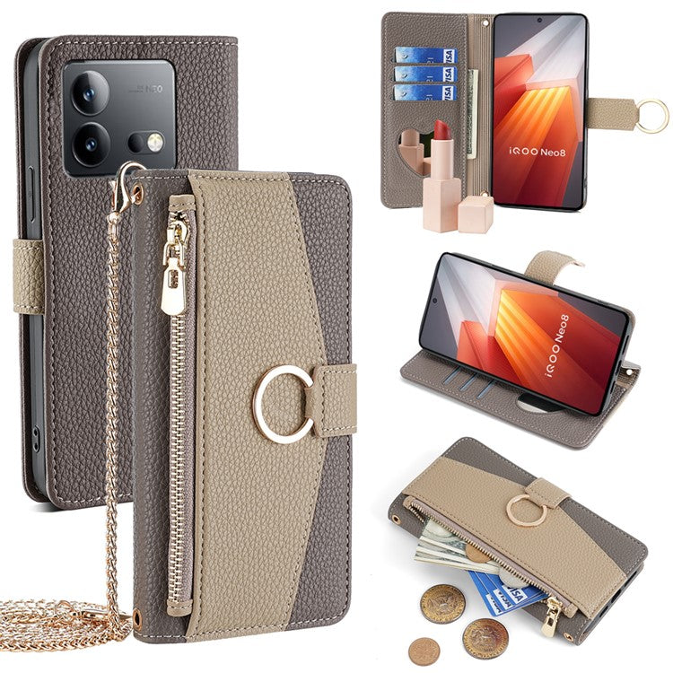 For vivo iQOO Neo8 5G / Neo8 Pro 5G Case Phone Bag PU Leather Wallet Stand Cover with Mirror - Grey