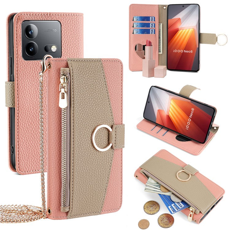 For vivo iQOO Neo8 5G / Neo8 Pro 5G Case Phone Bag PU Leather Wallet Stand Cover with Mirror - Pink
