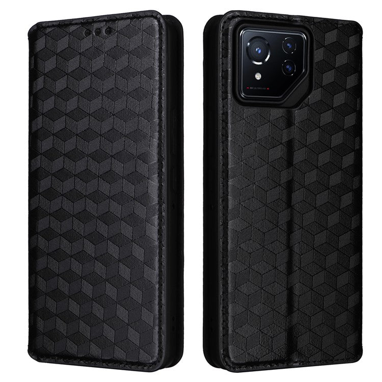 For Asus ROG Phone 8 5G / ROG Phone 8 Pro 5G Case Rhombus Imprinted Stand View Phone Cover - Black