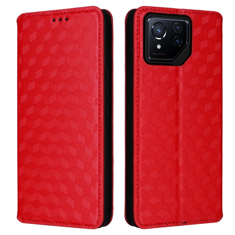 For Asus ROG Phone 8 5G / ROG Phone 8 Pro 5G Case Rhombus Imprinted Stand View Phone Cover - Red