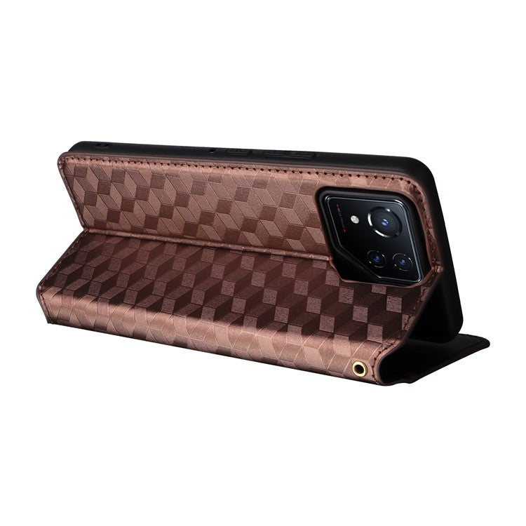 For Asus ROG Phone 8 5G / ROG Phone 8 Pro 5G Case Rhombus Imprinted Stand View Phone Cover - Brown
