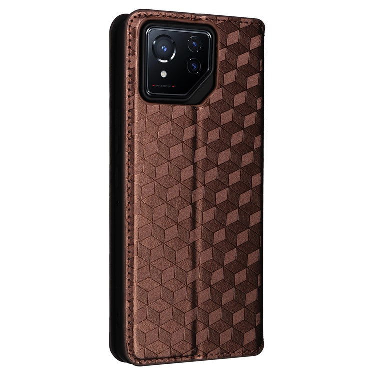 For Asus ROG Phone 8 5G / ROG Phone 8 Pro 5G Case Rhombus Imprinted Stand View Phone Cover - Brown