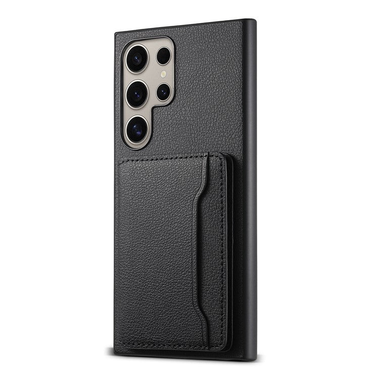For Samsung Galaxy S24 Ultra Case Card Slots Kickstand Phone Cover Calf Texture - Black