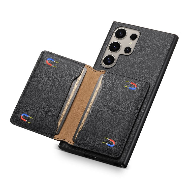 For Samsung Galaxy S24 Ultra Case Card Slots Kickstand Phone Cover Calf Texture - Black
