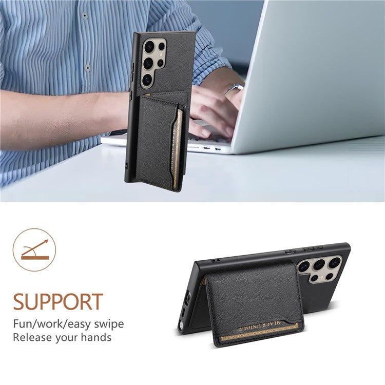 For Samsung Galaxy S24 Ultra Case Card Slots Kickstand Phone Cover Calf Texture - Black
