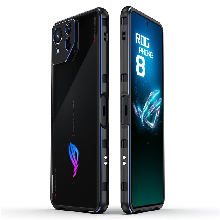 For Asus ROG Phone 8 5G / Phone 8 Pro 5G Bumper Case Phone Metal Frame with Camera Lens Cover - Black+Blue