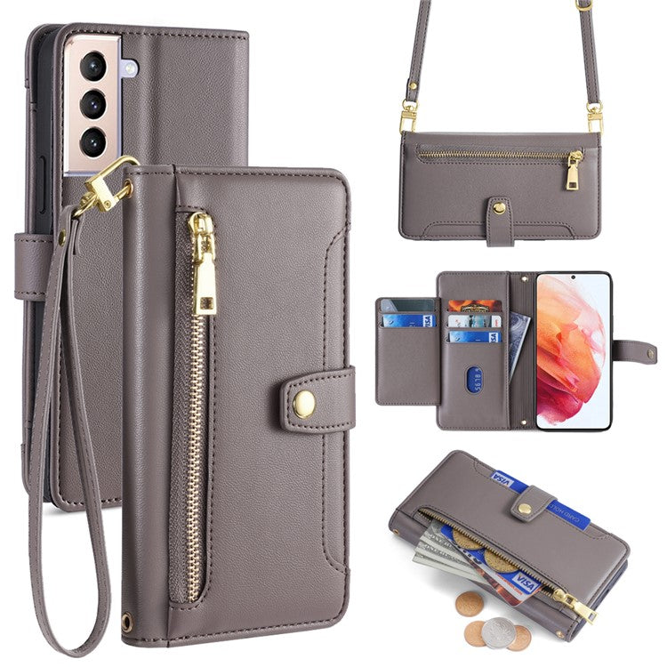 For Samsung Galaxy S21 4G / S21 5G Case PU Leather Cell Phone Cover with Zipper Pocket - Grey