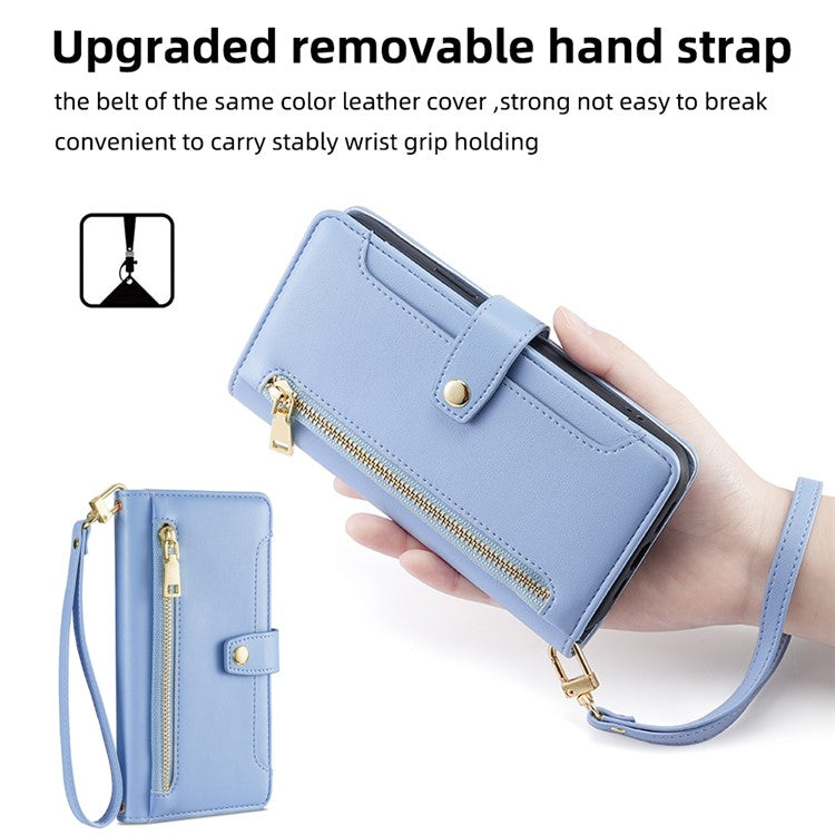For Samsung Galaxy M33 5G (Global Version) Cell Phone Case Textured Leather Stand Cover with 2 Straps - Blue