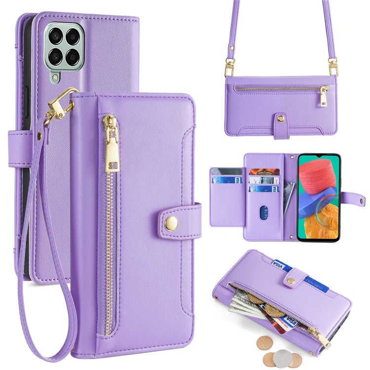 For Samsung Galaxy M33 5G (Global Version) Cell Phone Case Textured Leather Stand Cover with 2 Straps - Purple