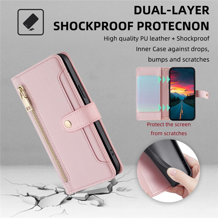 For Samsung Galaxy M52 5G Cell Phone Case Zipper Pocket Drop-proof Leather Wallet Stand Cover - Pink
