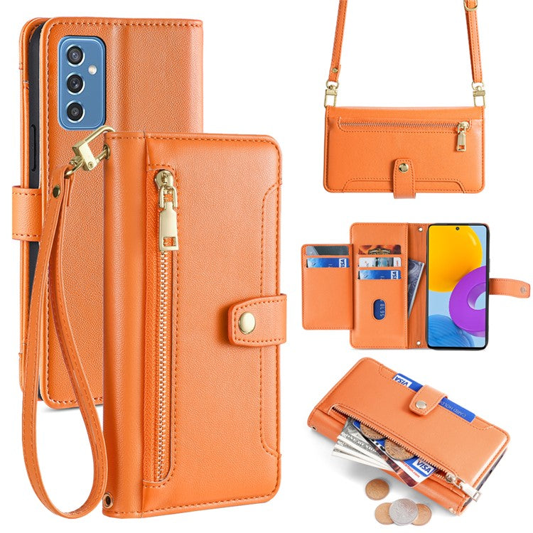 For Samsung Galaxy M52 5G Cell Phone Case Zipper Pocket Drop-proof Leather Wallet Stand Cover - Orange
