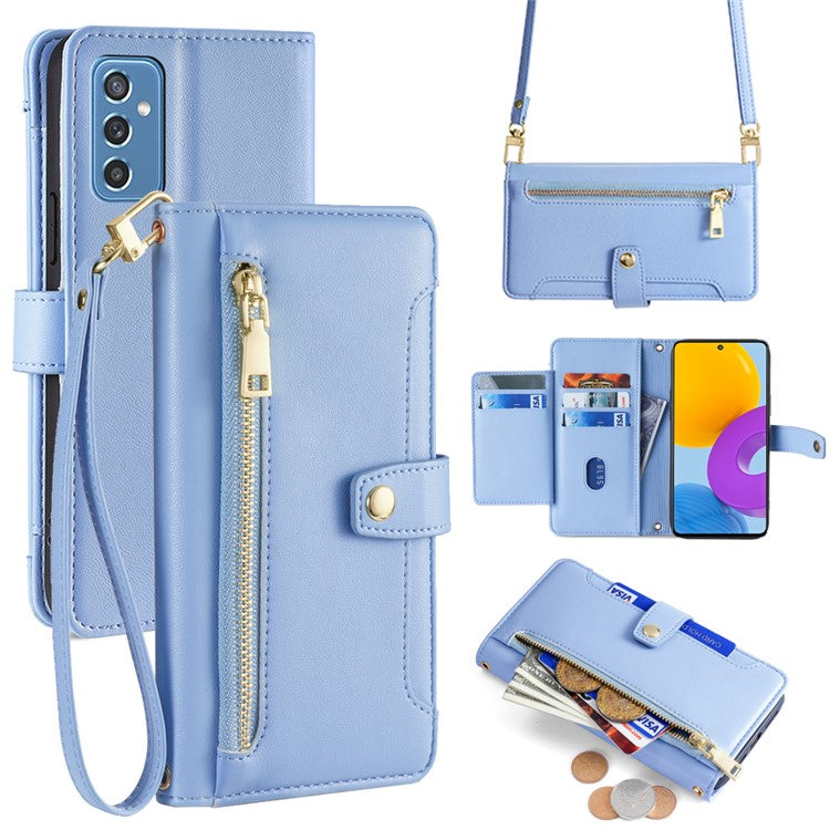 For Samsung Galaxy M52 5G Cell Phone Case Zipper Pocket Drop-proof Leather Wallet Stand Cover - Blue
