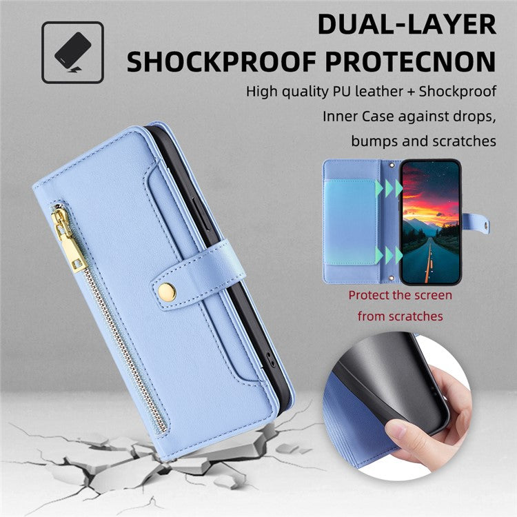 For Samsung Galaxy M52 5G Cell Phone Case Zipper Pocket Drop-proof Leather Wallet Stand Cover - Blue