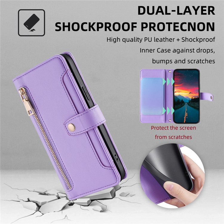 For Samsung Galaxy M52 5G Cell Phone Case Zipper Pocket Drop-proof Leather Wallet Stand Cover - Purple