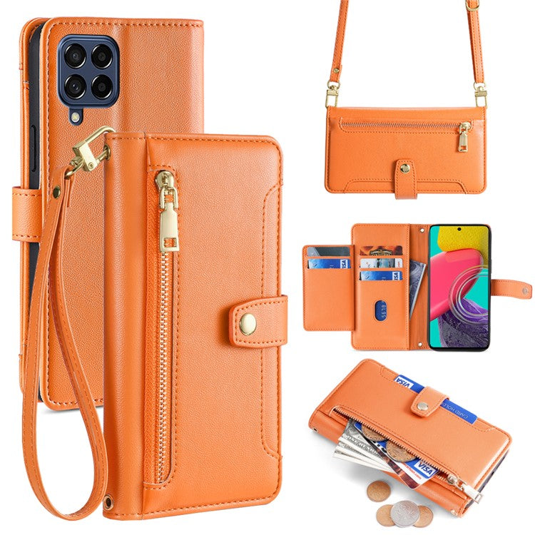 For Samsung Galaxy M53 5G Wallet Case Zipper Pocket Leather Anti-fall Phone Cover - Orange
