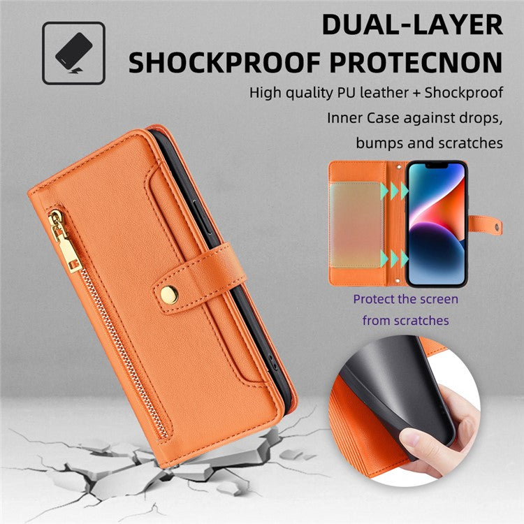 For Samsung Galaxy M53 5G Wallet Case Zipper Pocket Leather Anti-fall Phone Cover - Orange