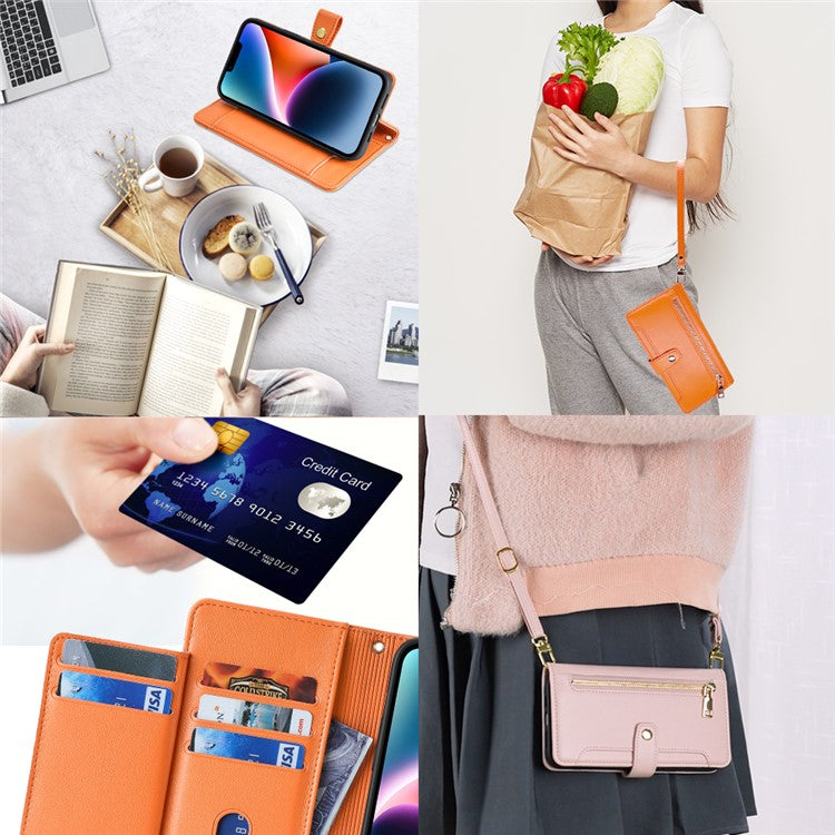 For Samsung Galaxy M53 5G Wallet Case Zipper Pocket Leather Anti-fall Phone Cover - Orange
