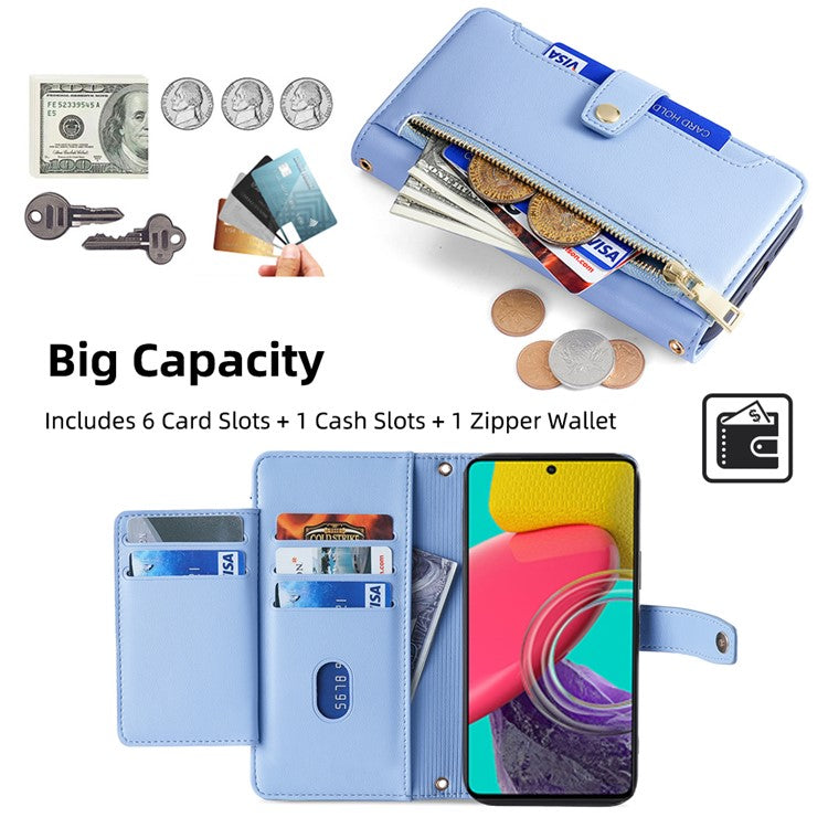 For Samsung Galaxy M53 5G Wallet Case Zipper Pocket Leather Anti-fall Phone Cover - Blue