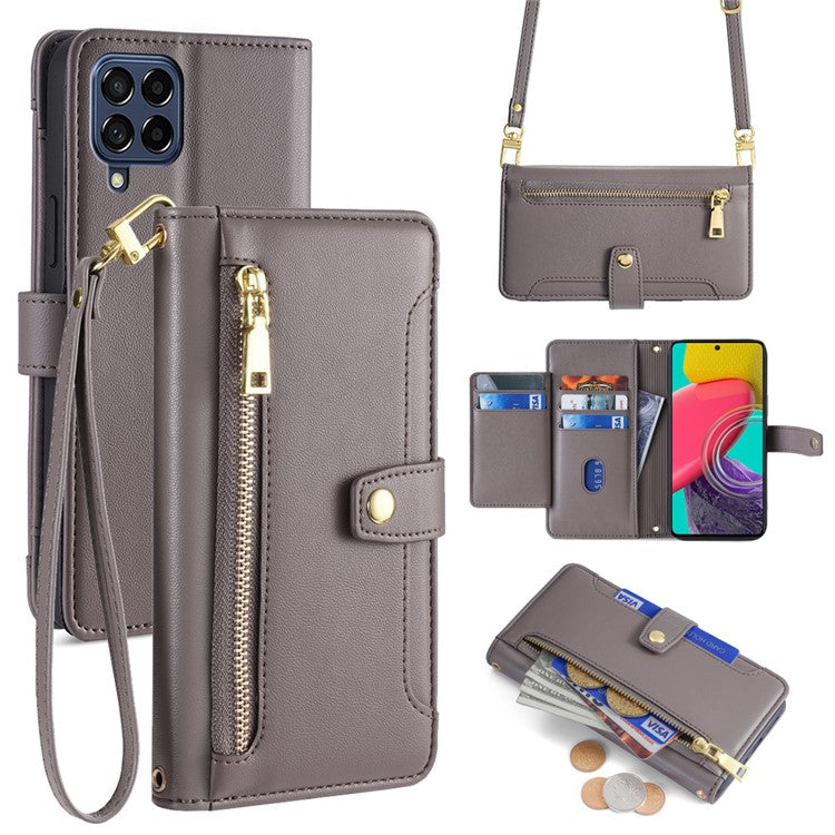 For Samsung Galaxy M53 5G Wallet Case Zipper Pocket Leather Anti-fall Phone Cover - Grey
