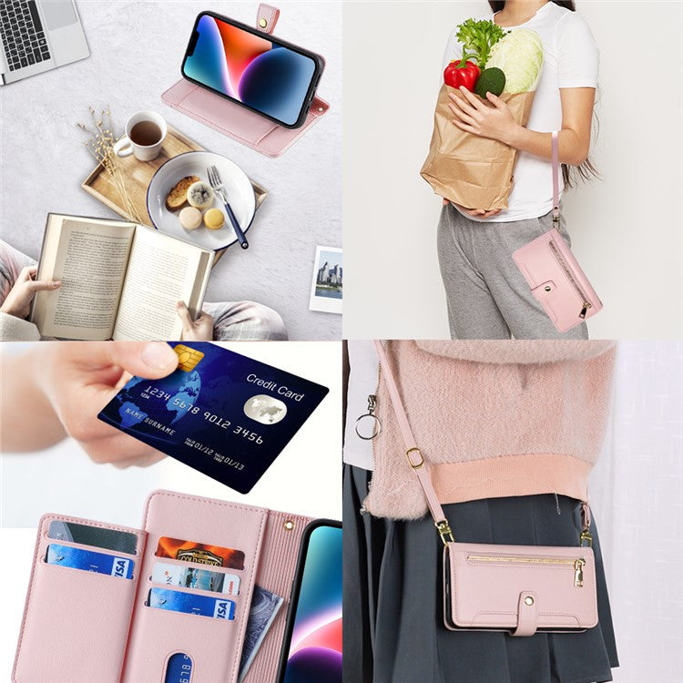 For Samsung Galaxy M53 5G Wallet Case Zipper Pocket Leather Anti-fall Phone Cover - Pink