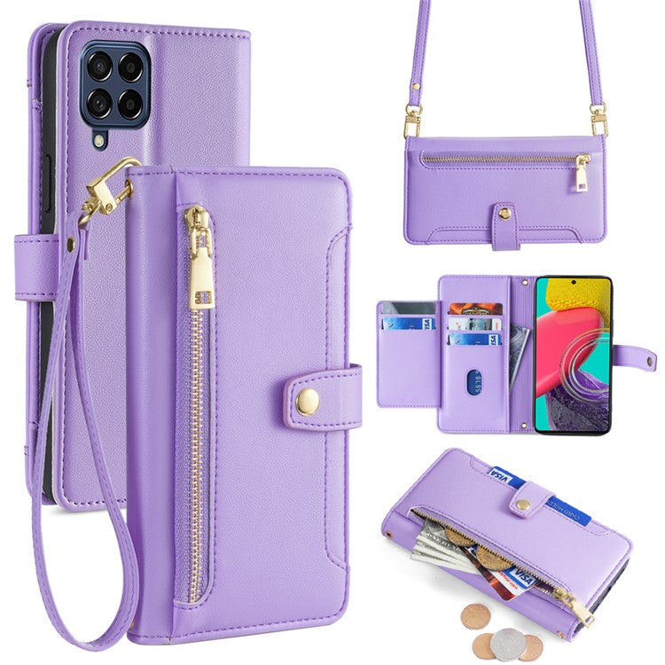 For Samsung Galaxy M53 5G Wallet Case Zipper Pocket Leather Anti-fall Phone Cover - Purple