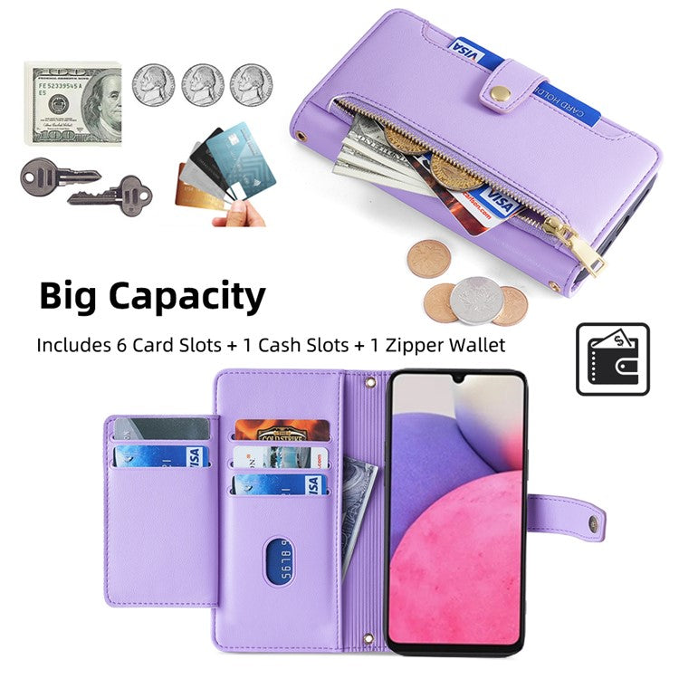 For Samsung Galaxy A33 5G Case Zipper Pocket Stand Phone Cover with Shoulder Strap - Purple