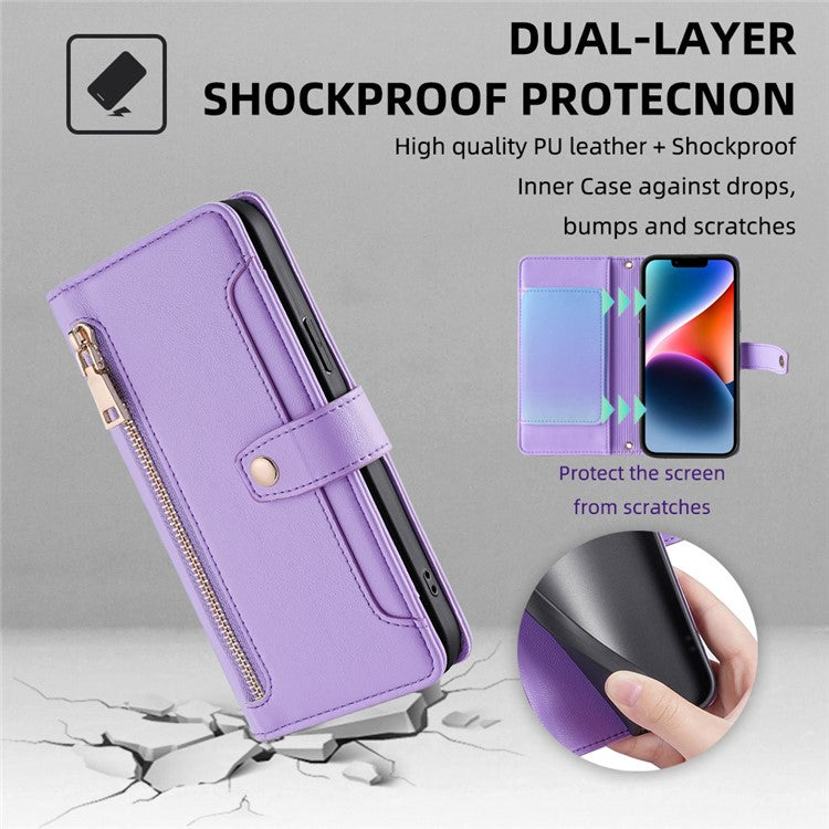 For Samsung Galaxy A33 5G Case Zipper Pocket Stand Phone Cover with Shoulder Strap - Purple