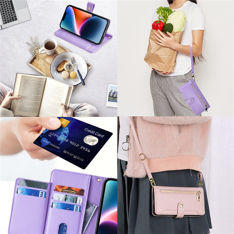 For Samsung Galaxy A33 5G Case Zipper Pocket Stand Phone Cover with Shoulder Strap - Purple