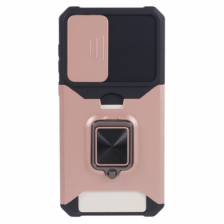 For Samsung Galaxy A55 5G Case PC+TPU Card Holder Phone Kickstand Cover with Slide Lens Lid - Rose Gold