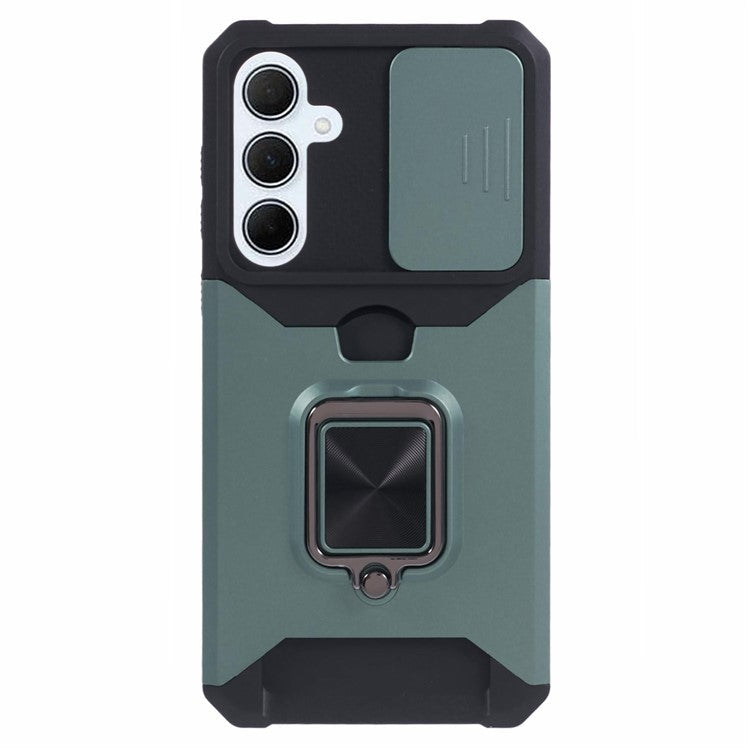 For Samsung Galaxy A35 5G Phone Kickstand Case Slide Lens Lid PC+TPU Cover with Card Holder - Blackish Green