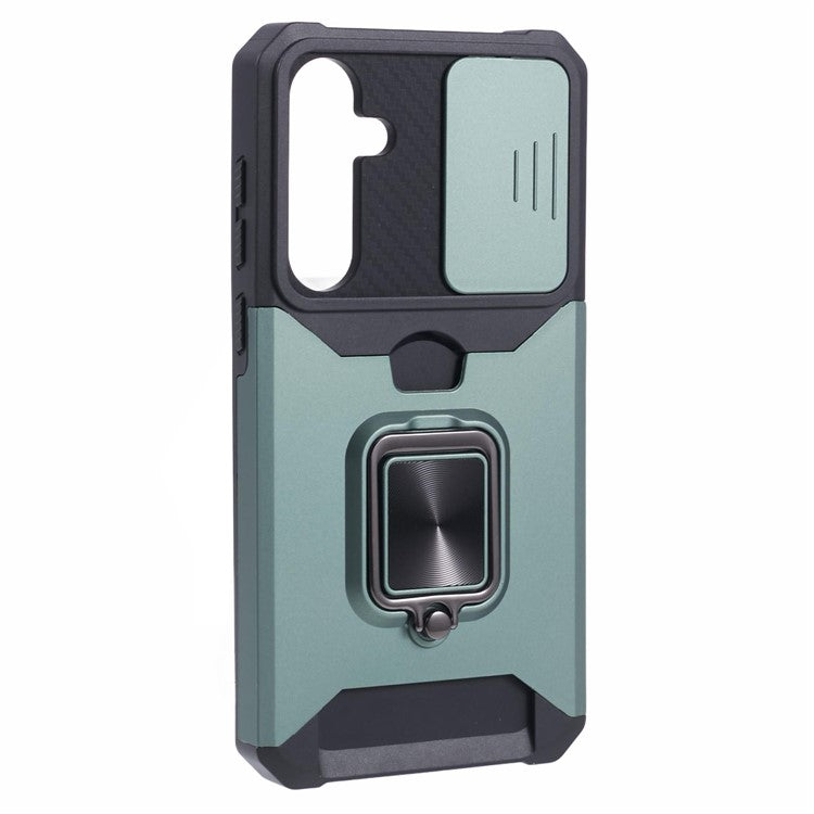 For Samsung Galaxy A35 5G Phone Kickstand Case Slide Lens Lid PC+TPU Cover with Card Holder - Blackish Green