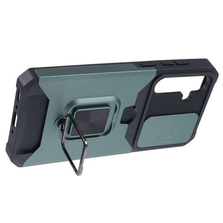 For Samsung Galaxy A35 5G Phone Kickstand Case Slide Lens Lid PC+TPU Cover with Card Holder - Blackish Green
