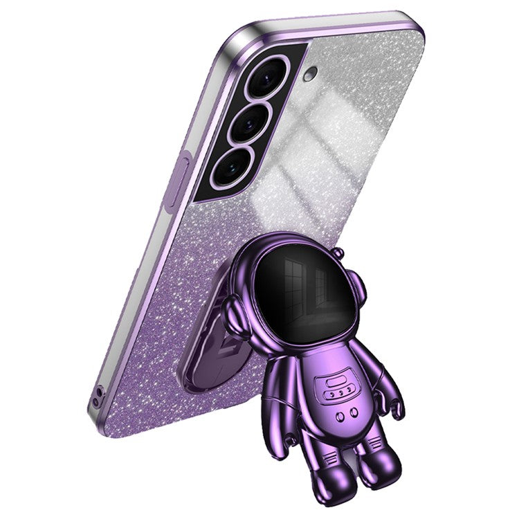 For Samsung Galaxy S22+ 5G Electroplating Case Astronaut Kickstand Phone Cover - Black
