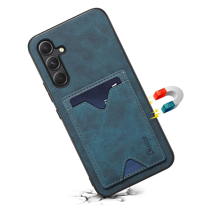 DENIOR For Samsung Galaxy A55 5G Case Card Slot Leather Coated TPU Phone Cover - Blue