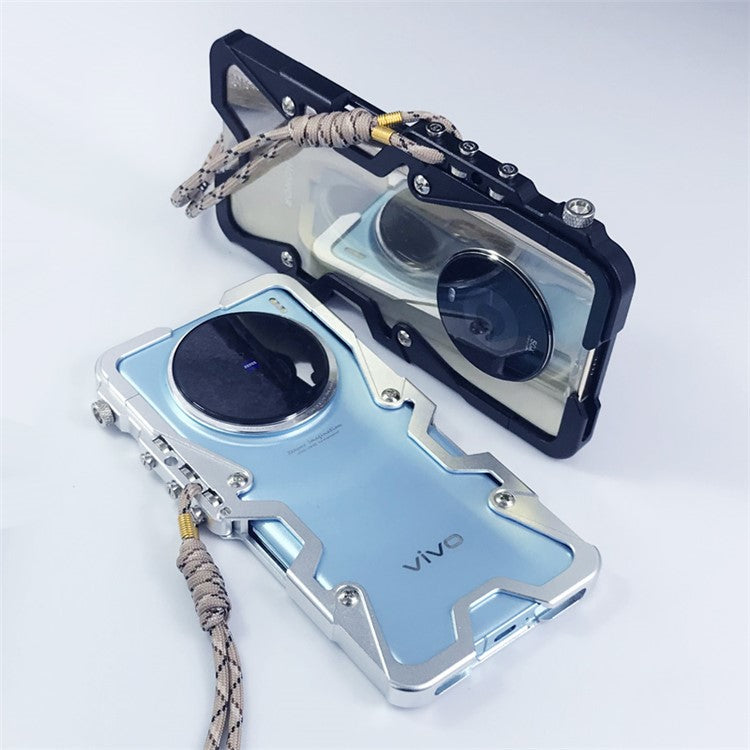 For vivo X100 5G / X80 5G / X80 Pro 5G / X90 5G / X90s 5G Case Scratch Resistant Aluminium Alloy Cell Phone Cover with Strap - Black