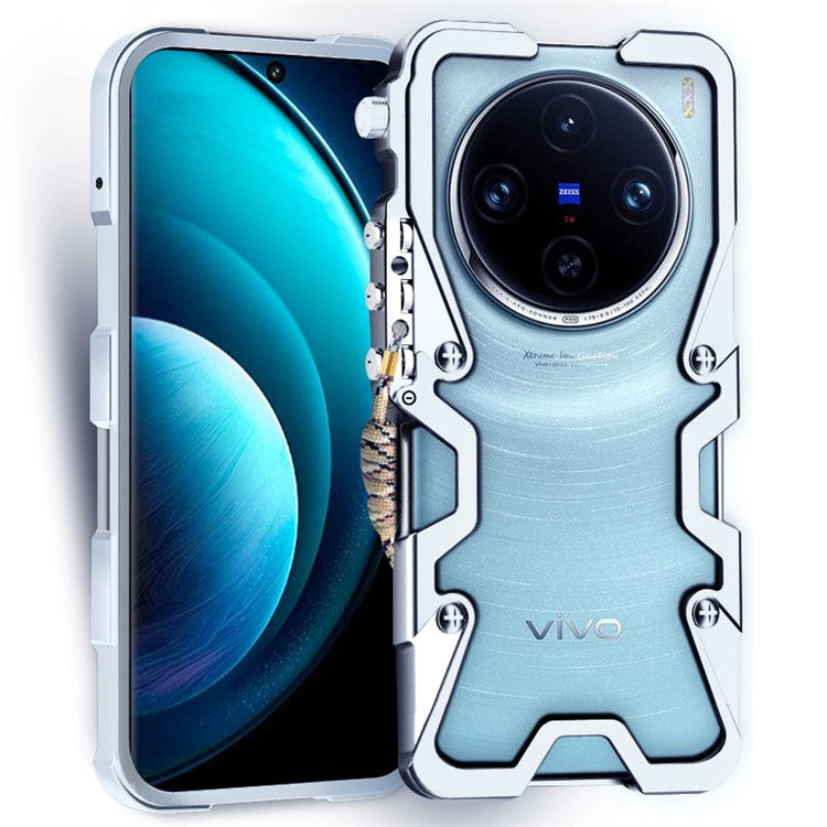 For vivo X100 Pro 5G Case Aluminium Alloy Anti-drop Phone Cover with Strap - Silver