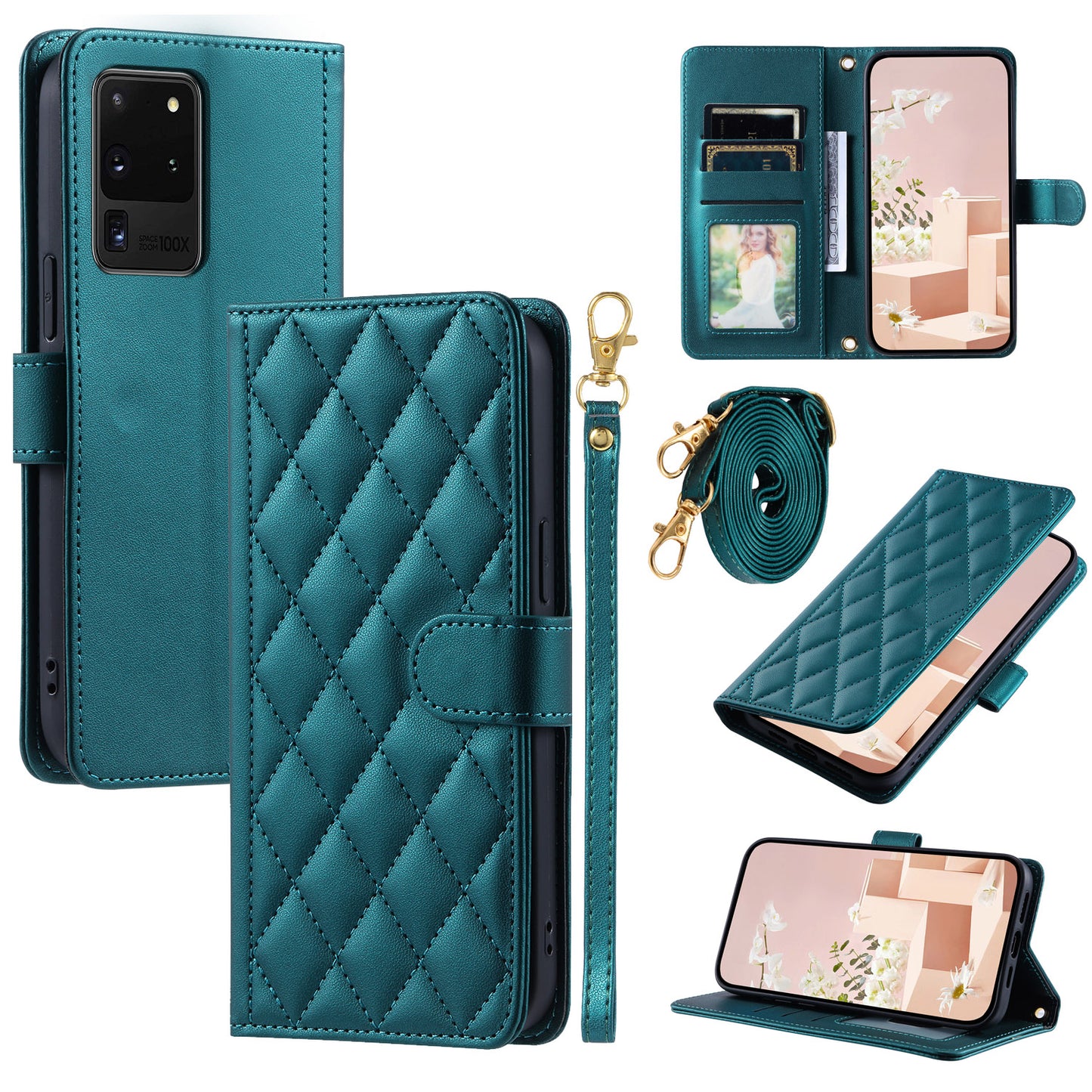 For Samsung Galaxy S20 Ultra Case Stand Flip Leather Phone Cover with 2 Straps - Green