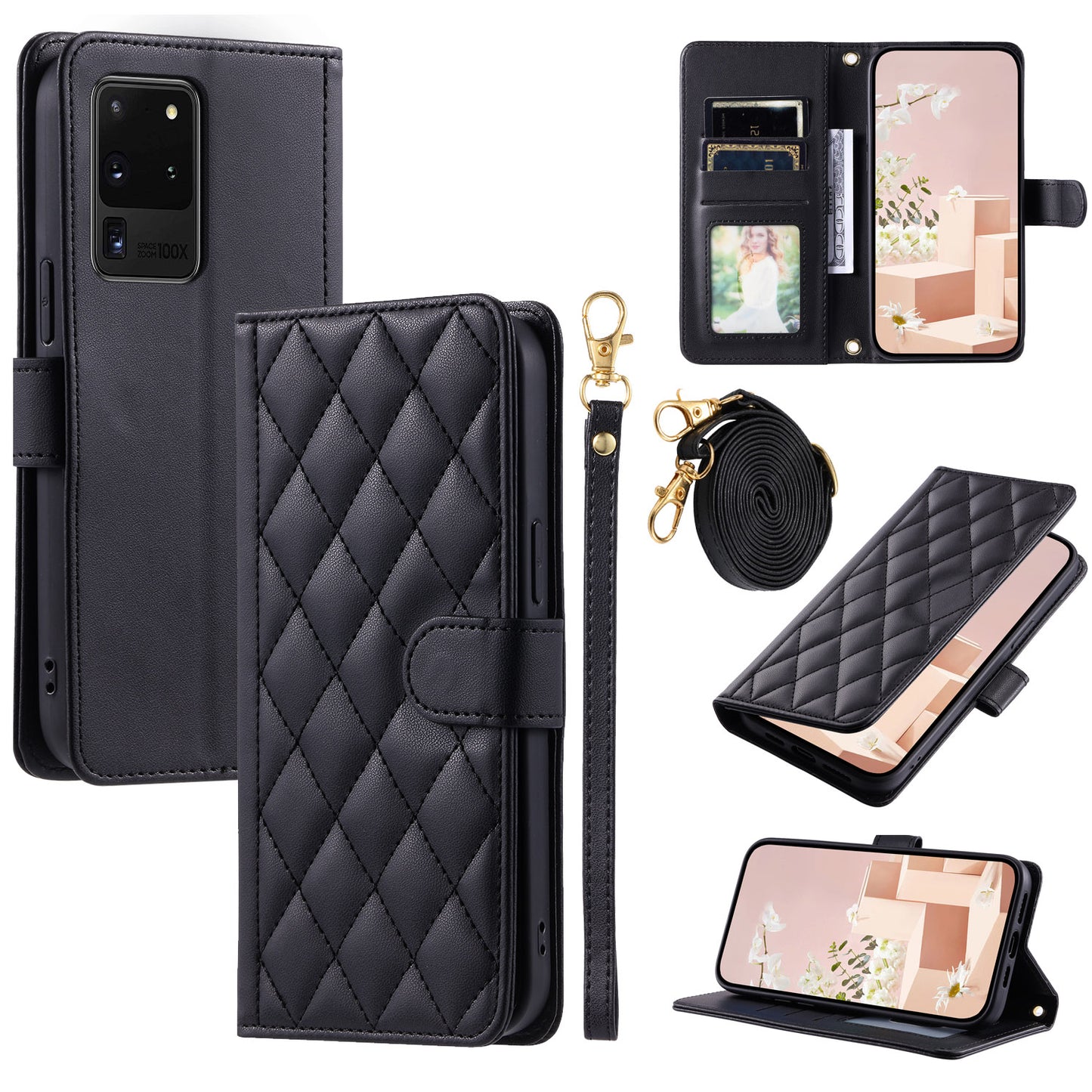 For Samsung Galaxy S20 Ultra Case Stand Flip Leather Phone Cover with 2 Straps - Black