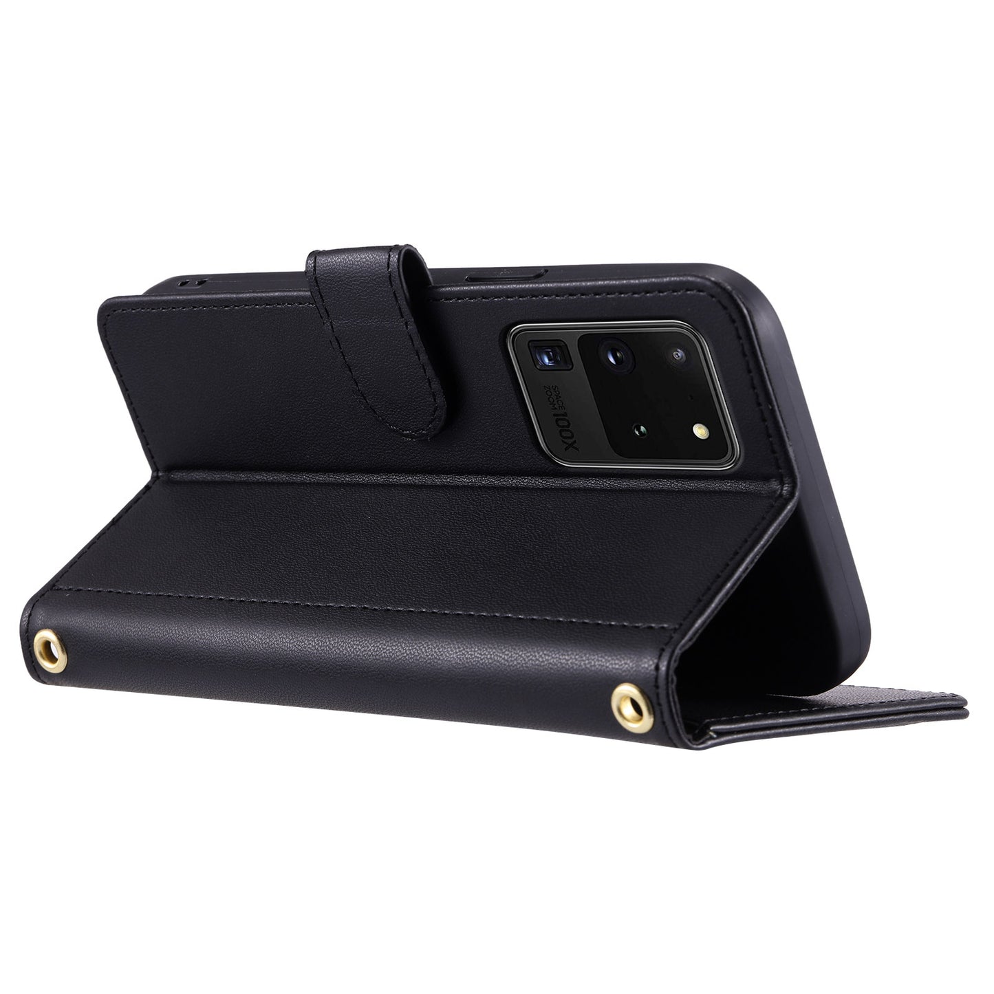 For Samsung Galaxy S20 Ultra Case Stand Flip Leather Phone Cover with 2 Straps - Black