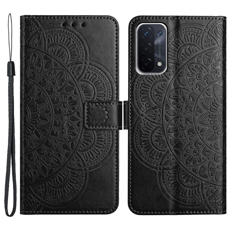 For Oppo A74 5G / A54 5G / A93 5G Case Flower Pattern Handbag Leather Folio Stand View Phone Cover - Black