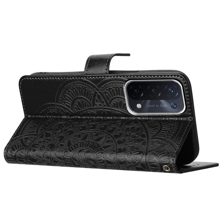 For Oppo A74 5G / A54 5G / A93 5G Case Flower Pattern Handbag Leather Folio Stand View Phone Cover - Black