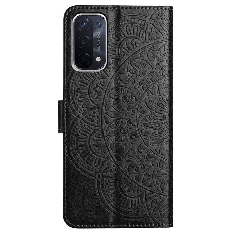 For Oppo A74 5G / A54 5G / A93 5G Case Flower Pattern Handbag Leather Folio Stand View Phone Cover - Black