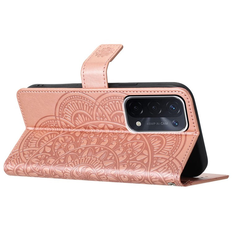 For Oppo A74 5G / A54 5G / A93 5G Case Flower Pattern Handbag Leather Folio Stand View Phone Cover - Rose Gold