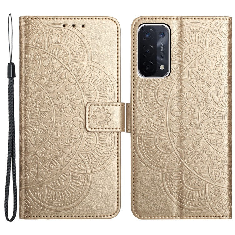 For Oppo A74 5G / A54 5G / A93 5G Case Flower Pattern Handbag Leather Folio Stand View Phone Cover - Gold