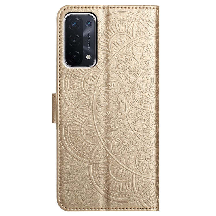 For Oppo A74 5G / A54 5G / A93 5G Case Flower Pattern Handbag Leather Folio Stand View Phone Cover - Gold