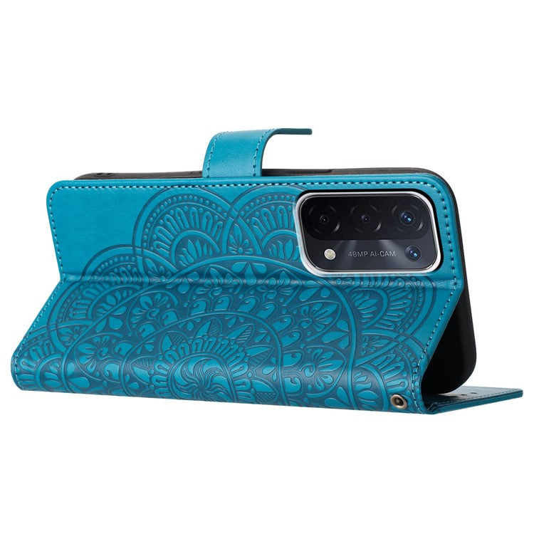 For Oppo A74 5G / A54 5G / A93 5G Case Flower Pattern Handbag Leather Folio Stand View Phone Cover - Blue